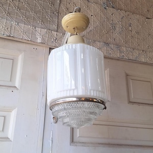 Art Deco Two Tone Glass Pendant Light, Chrome and Prismatic Glass Skyscraper Light, Antique Milk Glass Deco Lightg