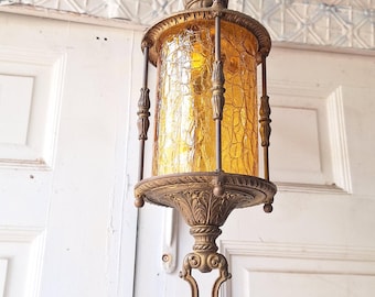 Ornate Flush Mount Lantern: Gold Finish Antique Light with Crackle Glass