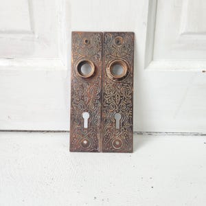 May include: Two antique bronze door plates with ornate floral and scrollwork designs. Each plate features a keyhole, a circular opening, and screw holes. The plates have a weathered, aged appearance, suggesting they are vintage or reclaimed architectural hardware.