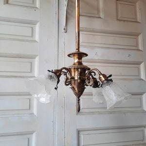 Large Antique Bronze Chandelier with Etched Shades, Ornate Vintage Brass Hanging Chandelier, Architecture Salvage
