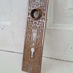 Large Bronze Victorian Exterior Back Plate, Eastlake Escutcheon with Double Keyhole