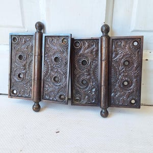 Pair of 4 1/2 Inch Hinges, Victorian Bronze Embossed Door Hinge, Fancy Door Hinge, Ornate Door Hinge Hardware 050607