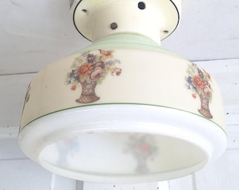 Wedding Cake Style Vintage Ceiling Light, Floral Stencil Glass and Porcelain Fixture