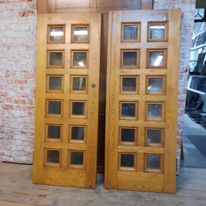 Large Vintage Wood and Glass Church Doors, Double Glass Entry Doors, Heavy Glass Church Doors, Architecture Salvage