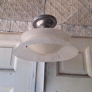 Molded Glass Shade Three Chain Art Deco Light, Semi Flush Antique Light Shade, Etched Glass Vintage Shade, Architectural Salvage 062101