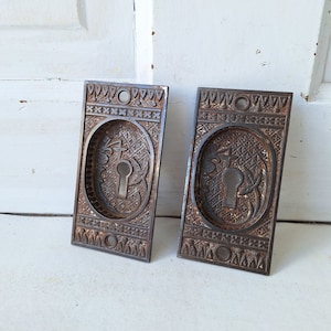 May include: Two antique cast iron keyhole escutcheons with intricate floral and geometric designs. The escutcheons are a dark brown color and have a worn, aged patina.