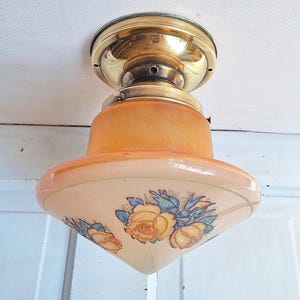 Art Deco Iridescent Flower Glass Flush Mount Light - Vintage Pink & Orange