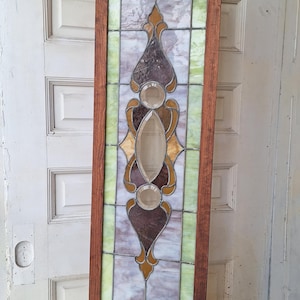 Beveled Leaded Glass Transom Window, Antique Purple and Green Stained Glass