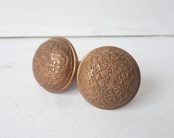 Pair of Antique Bronze Designed Doorknobs, Ornate Pattern Knobs, Set of Antique Brass Door Knobs, Flower Design
