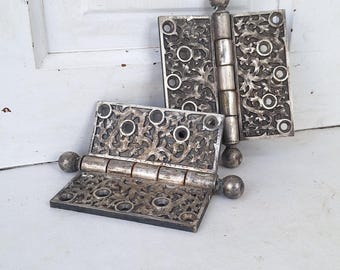 Par de bisagras Yale con diseño de algas, herrajes antiguos niquelados para puertas.