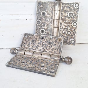 Pair of Yale Kelp Design Hinges, Nickel Plated Antique Door Hardware
