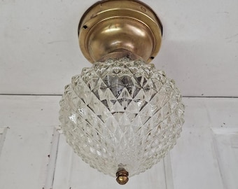 Small Mid Century Fixture Glass Light, Flush Mount Light with Faceted Glass