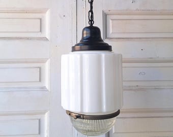 Faceted Glass Design Pendant with White and Clear Glass Globe, Schoolhouse Style Light, Antique Art Deco Light Architecture Salvage