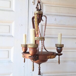 Vintage Copper Plated Brass Chandelier: Rewired 1930s Lighting