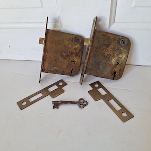 Two Antique Mortise Locks with Skeleton Key, Antique Keyed Door Lock, Antique Door Card with Working Key, Architecture Salvage 090509