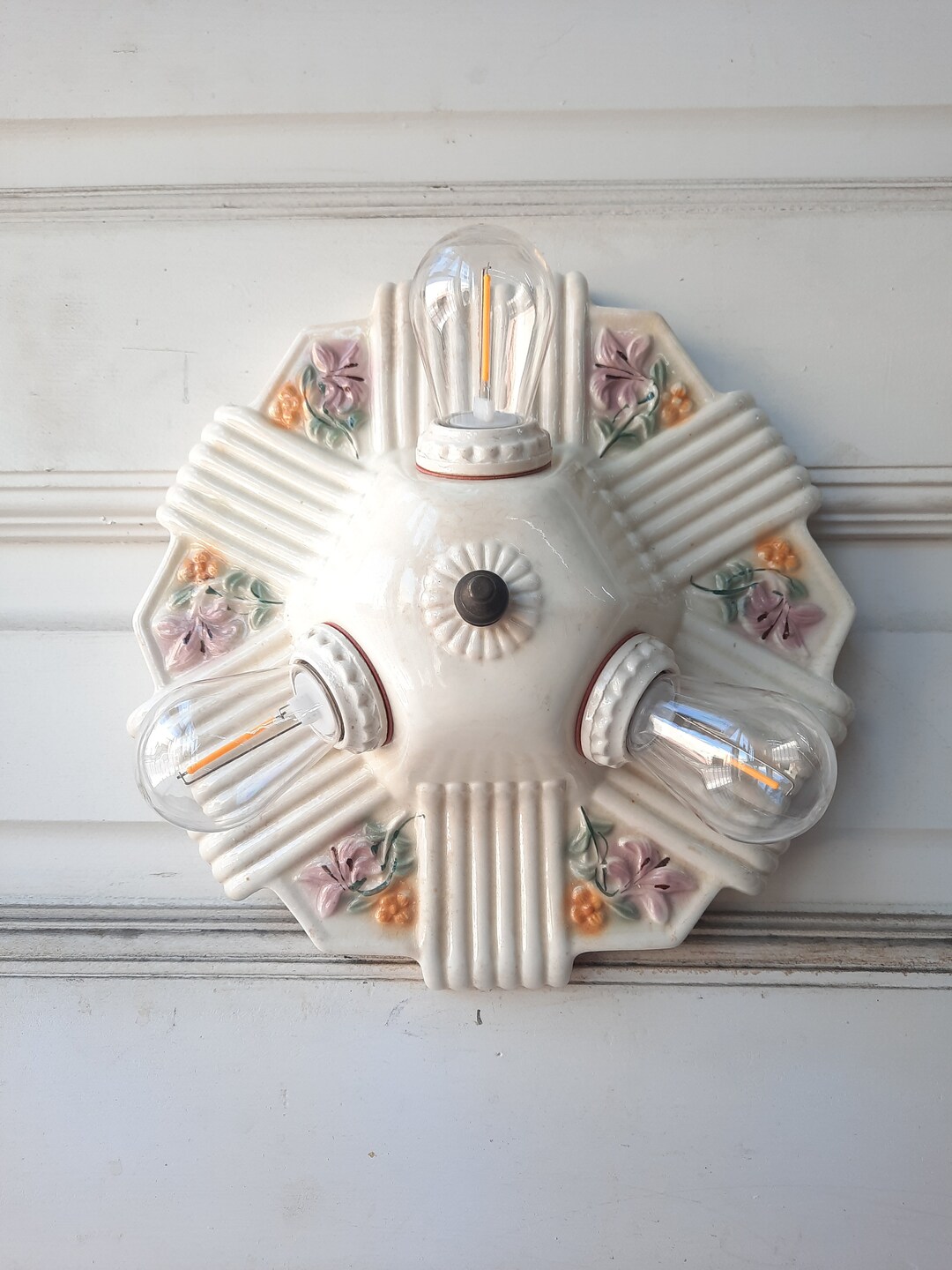 Three Bulb Porcelain Light, Art Deco Fixture, Art Deco Light, Single