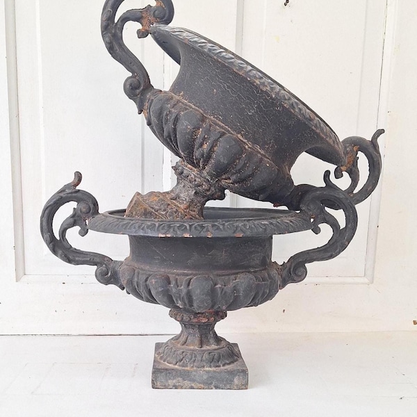 Pair of Antique Iron Garden Urns, Victorian Cast Iron Planters