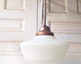 Schoolhouse Style Pendant Light, White Glass Globe with Copper Plated Base
