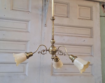 Vintage Brass Chandelier: Ruffled Glass Shades, Etched Cut Glass