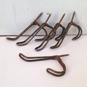 May include: Six antique metal hooks with a double loop design and a screw for mounting. The hooks are a rusty brown color.