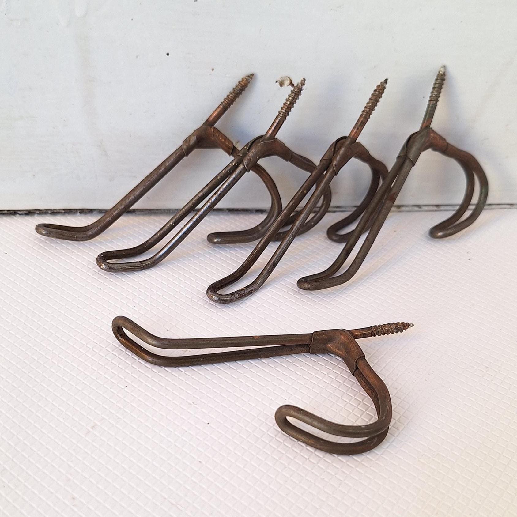 5 Twisted Wire Vintage Hooks with Screw Backs, Vintage Wire Closet or Coat Hooks with Threaded Backs, Antique Wire Wall Hooks 040701