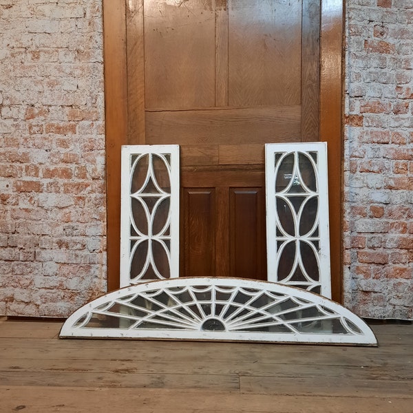 Antique Ellipse Window with Sidelights, Architecture Salvage, Arched Transom Wood Window, Front Door Side Light Set, Entry Window Set