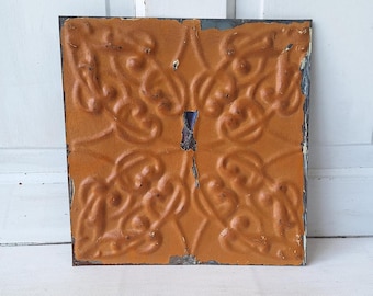 Small 12" Ceiling Tile Square, Vintage Stamped Metal Ceiling Tin, Vintage Metal Wall Art Hanging 042410