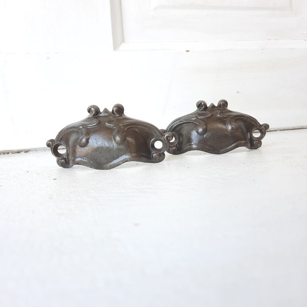Pair of Antique Art Nouveau Drawer Pulls, Antique Cast Iron Furniture or Apothecary Handles, 091414