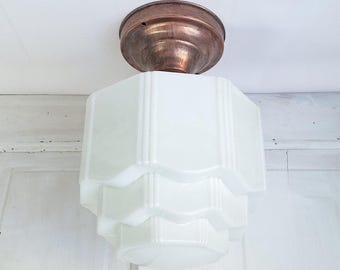 Art Deco Milk Glass Flush Mount Light - Brass Base Empire Shade