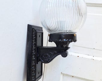 Antique Cast Iron Sconce with Ribbed Glass Globe, Exterior Wall Light