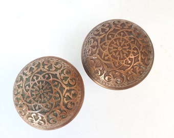 Ornate Victorian Era Bronze Knobs by Russell Erwin, Pair of Fancy Solid Bronze Doorknobs, Antique Door Knob Set 121407