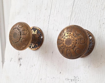Pair of Bronze Sunflower Door Knobs with Rosettes, Fancy Flower Design Bronze Door Knobs & Backplates, Victorian Era Knobs Collars 040205