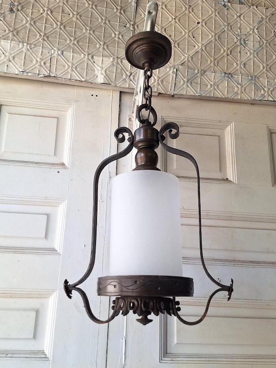 Frosted Glass Vintage Lantern Pendant, Vintage Round Glass Floral Accent Lantern