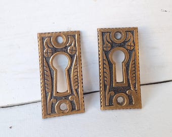 Two Fancy Design Large Antique Key Holes, Brass Key Hole, Key Hole Cover, Fancy Key Hole Escutcheon Keyhole, Architecture Salvage 020611