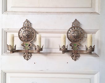 Pair Of Nickel Plated Antique Wall Sconces, Silver Victorian Era Wall Sconces, Two Matching Wall Lights, Antique Sconces 110801