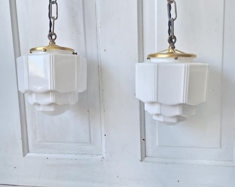 Pair Vintage Pendant Art Deco Lights, White Glass and Brass Lights, Kitchen Island Lighting, Architecture Salvage 053001