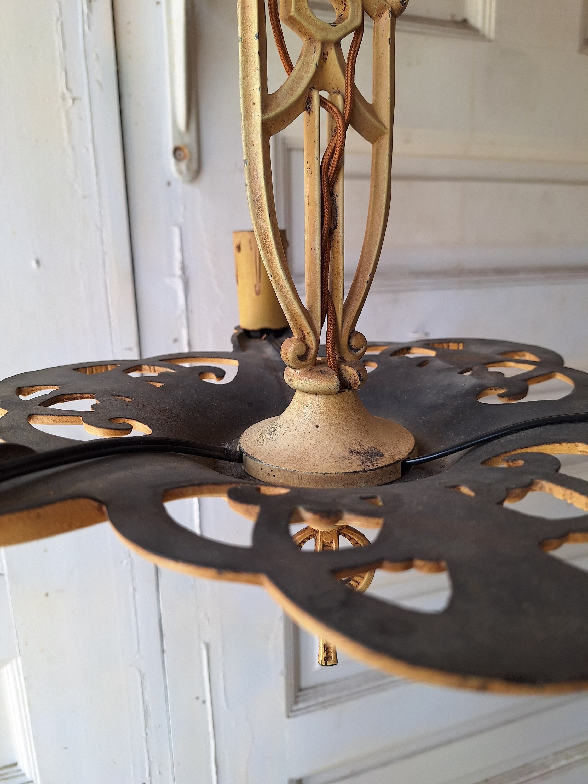 Art Deco Cream Color Chandelier, Three Bulb Light, Antique
