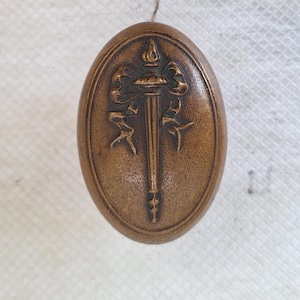 May include: Oval-shaped bronze-colored emblem featuring a torch with a flame at the top, flanked by ribbons. The emblem is set within a raised border. The overall design suggests a vintage or antique aesthetic.