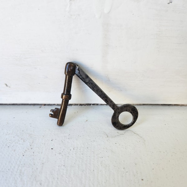 Large Antique Folding Door Key, Victorian Era Iron and Bronze Folding Skeleton Key, Mallory Wheeler 090207