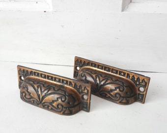 Pair Apothecary Pulls, Cast Iron Bin Pull, Antique Ornate Drawer Handle, Eastlake Victorian Hardware 012309