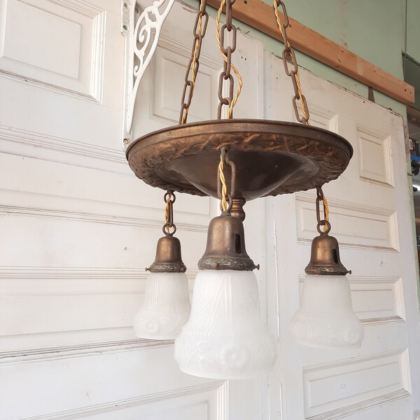 Vintage Chandelier, Antique Chandelier, Antique Copper Light, Three Arm Brass Light, Restoration Lighting, Etched Glass, Victorian Light