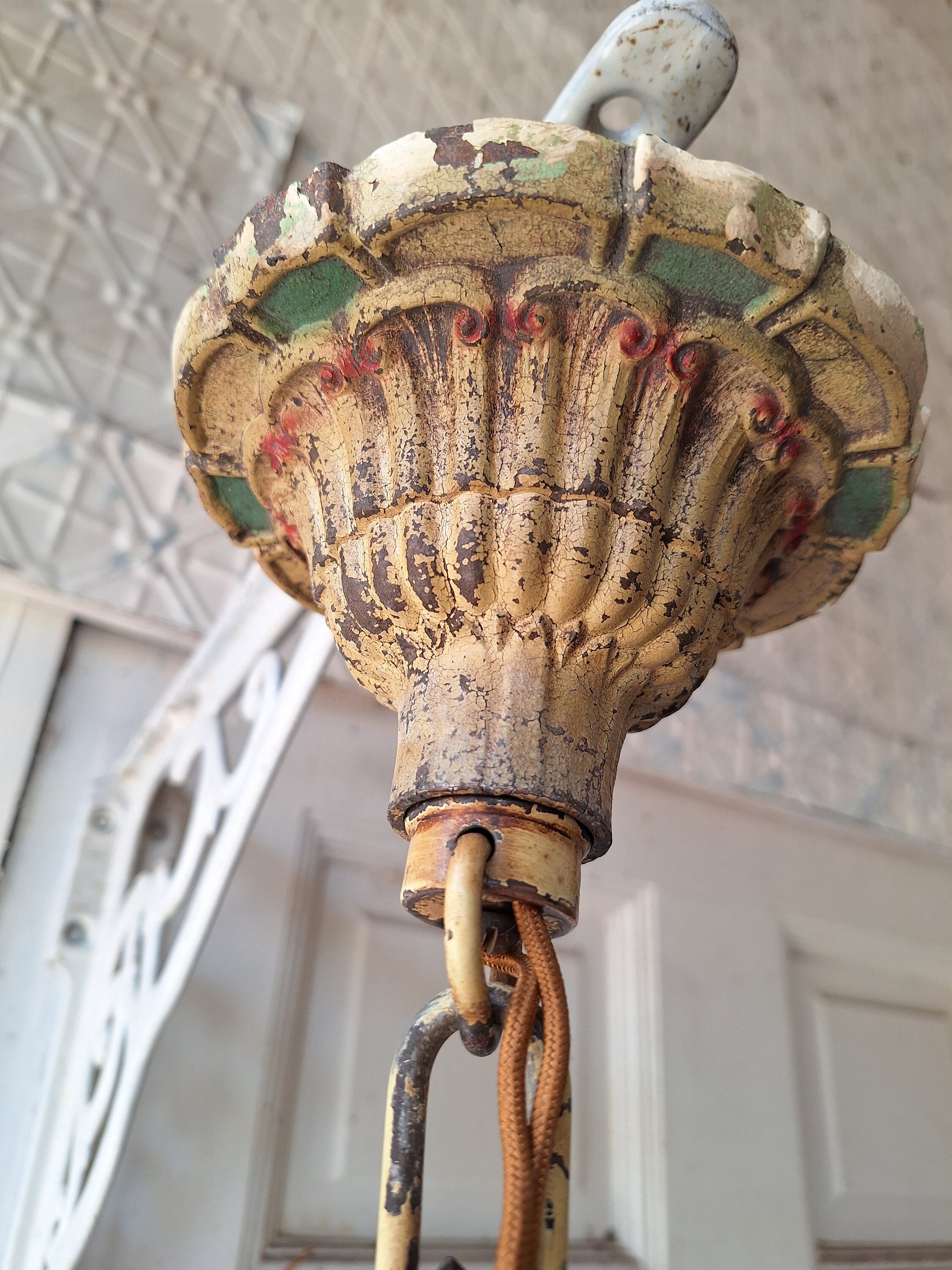 Art Deco Cream Color Chandelier, Three Bulb Light, Antique