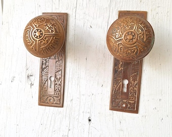 Corbin Ceylon Pattern Antique Door Hardware Set, Victorian Eastlake Doorknobs and Plates
