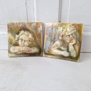 Pair of 6 Inch Victorian Angel Tiles, Cherub Design Tiles, Antique Fireplace Tile, Glazed Ceramic, Victorian Style, Fireplace Surround Tile