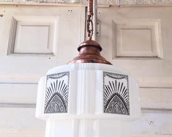 Stenciled Art Deco Skyscraper Pendant Light, Tiered Glass Shade