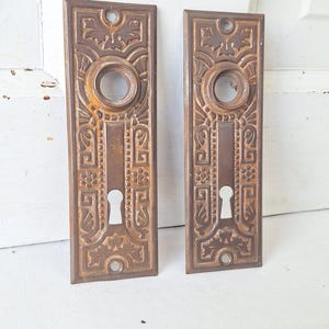 May include: Two antique bronze door plates with ornate floral and geometric patterns. Each plate features a keyhole and a circular opening, likely for a doorknob. The plates have a weathered, aged appearance.