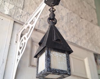 Small Antique Craftsman Slag Glass Lantern, Vintage Porch Light Pendant