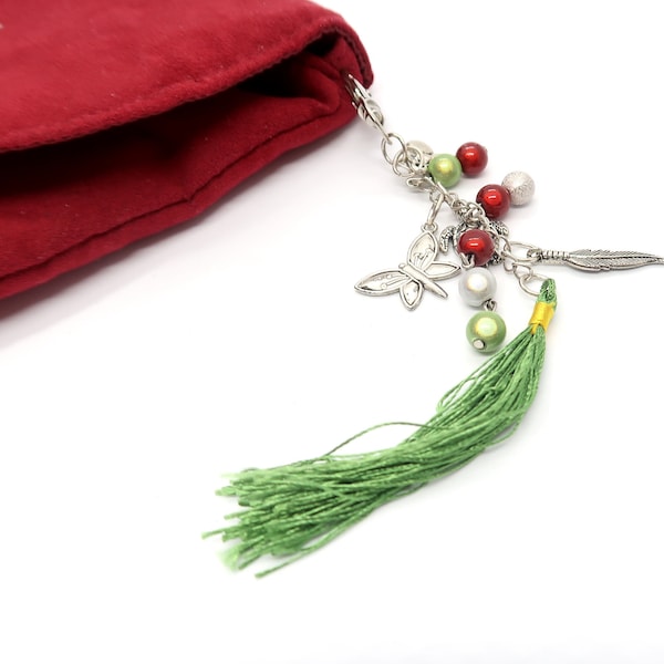 Silvery jewelry bag, green pompon, silver charms, red, green pearls, silver pearls, hand-made, gift, birthday, mother day.