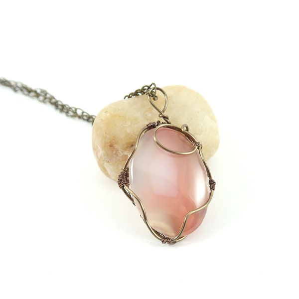 Necklace, pink pendant, agate, bronze wire wrapping, hand-made, gift for her, birthday, mother day.