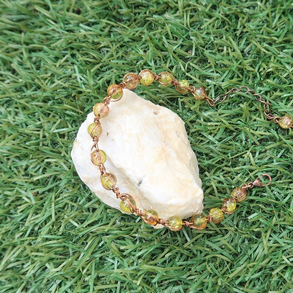 Green beads bracelet-handmade-bronze weaved wire-gift for her.